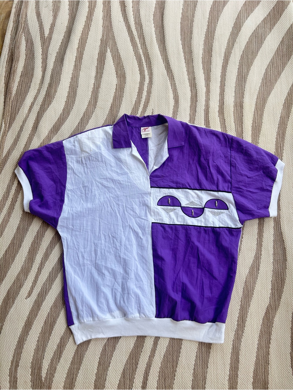 Vintage 80s White and Purple Short Sleeve Polo Top with shoulder pads